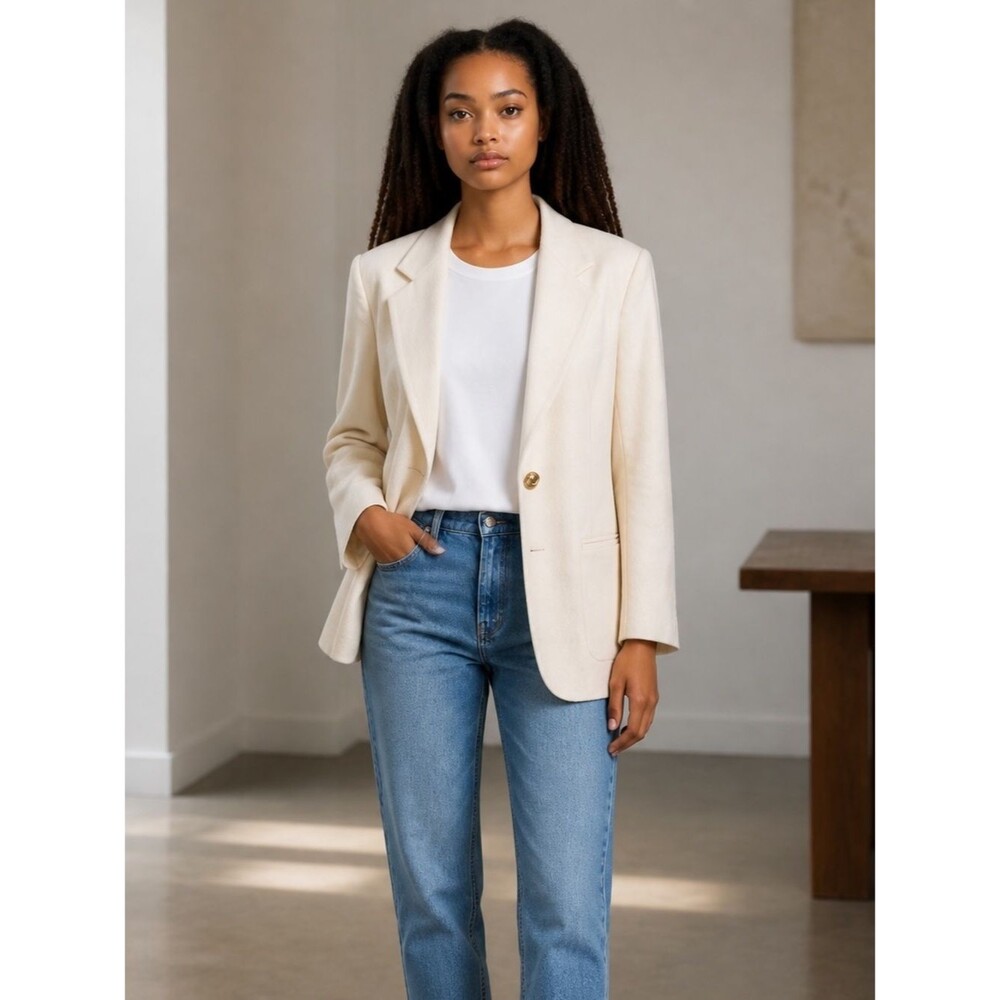 Vintage Savannah Classic Women's Cream Off-White Single-Button Wool Blazer 10